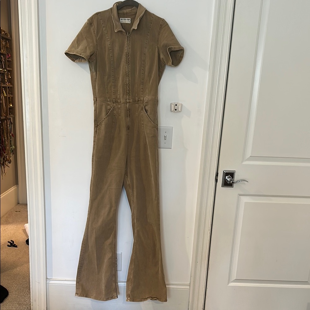 We the Free Tan Jumpsuit with Short Sleeves and Defined Waist